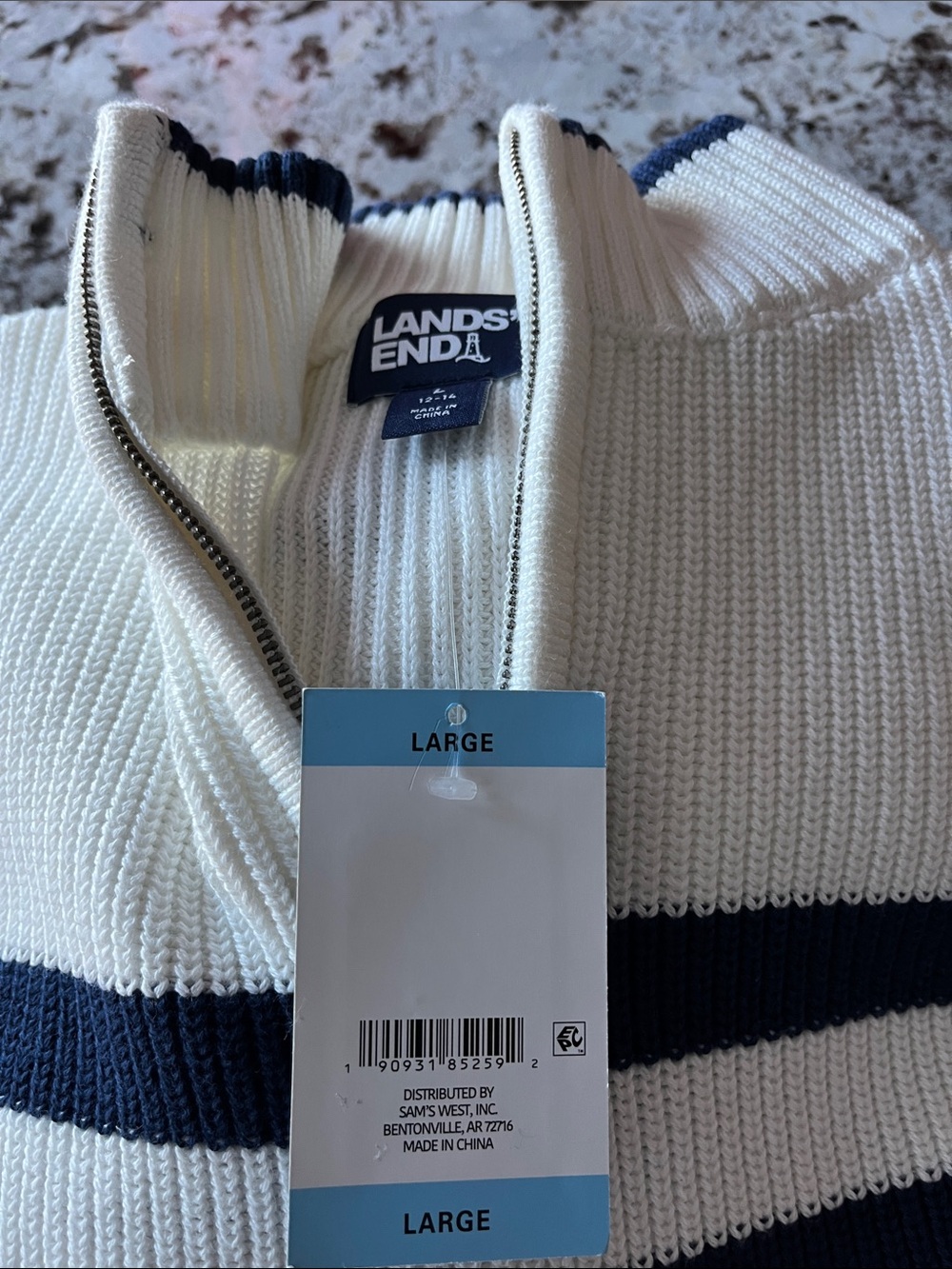 Lands' End Cream and Navy Striped Zip-Front Sweater